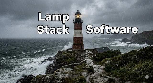 LAMP Stack Software vor einem Hintergrund mit einem verregneten Leuchtturm an der Küste